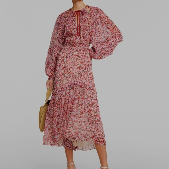 Isabel Marant Dresses & Skirts - Isabel Marant Pink Floral Sheer Long-Sleeve Midi Dress